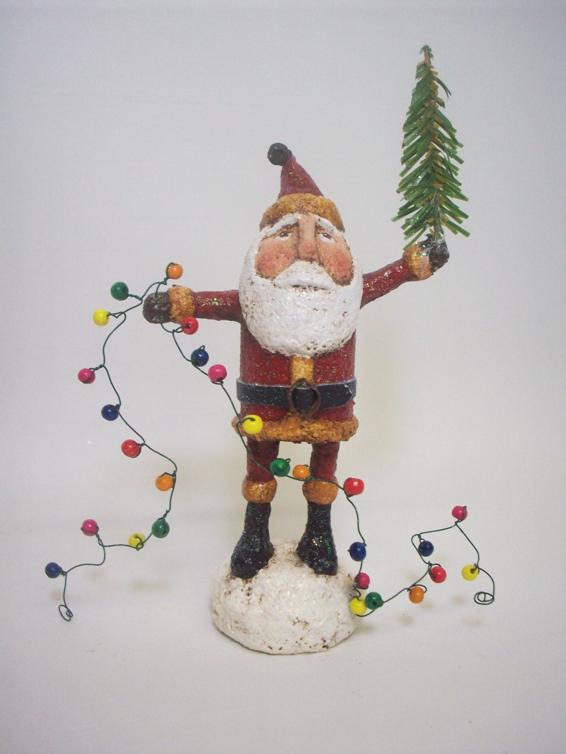 Primitive Paper Mache Folk Art Santa with Tree and Lights
