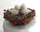 Rustic Wedding Cake Topper Ivory Love Birds in Nest, Bride and Groom, Simple and Elegant