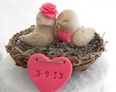 Rustic Valentine Love Bird Wedding Cake Topper - Coral and Tan Love Birds in Nest - Personalized Heart - Bride and Groom Keepsake