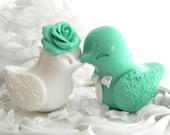 Wedding Cake Topper, Love Birds, Mint Green and White, Bride and Groom Keepsake