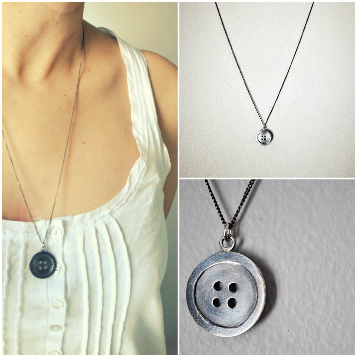 Silver Button Necklace - Handmade Pendant with Chain in Sterling Silver - Arts & Crafts - Gift for the Crafty Person