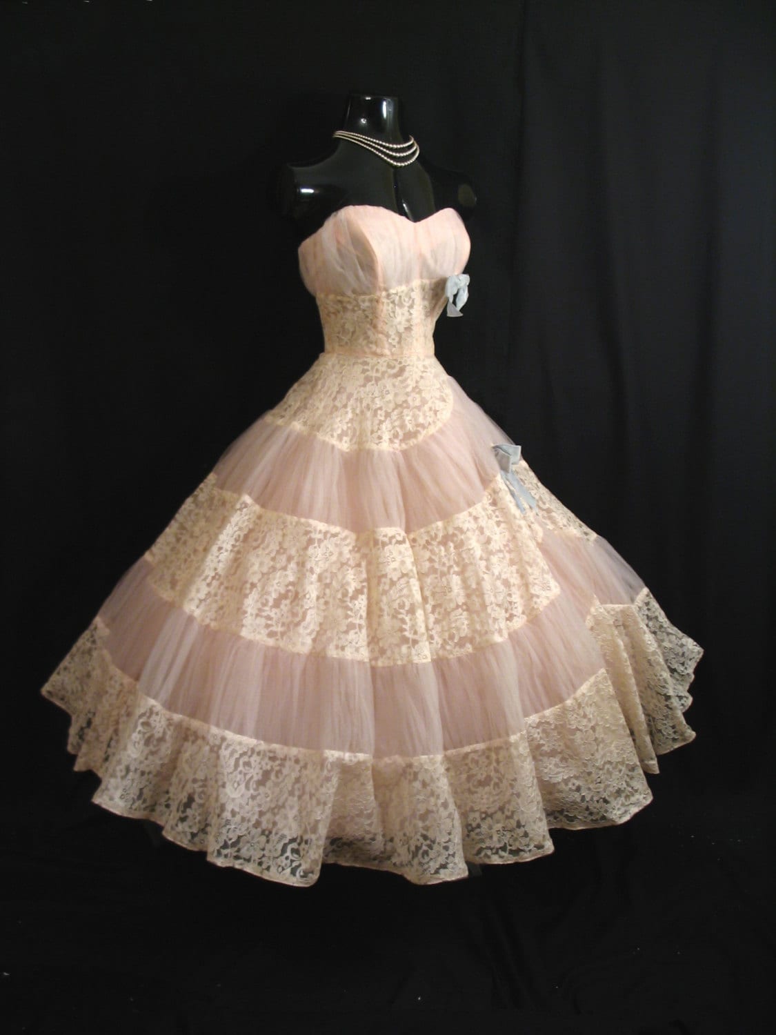 Vintage 1950's 50s STRAPLESS Emma Domb Pink Ivory Tulle Embroidered Lace Party Prom Wedding DRESS