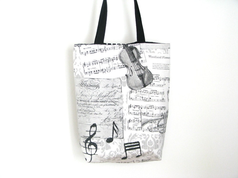 Bag tote - white and black cotton music pattern - shoulder bag - Ready to ship