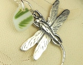 Eco Friendly Santa Cruz Lundberg Sea Glass Necklace RARE Fern Green And Sterling Silver Dragonfly
