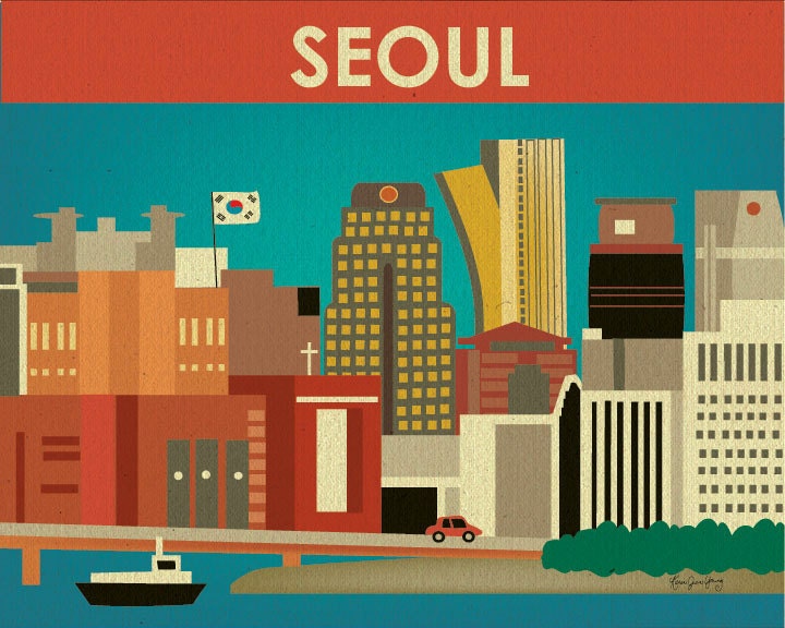 Seoul, South Korea Skyline Print - Asian Travel Wall Art - Destination Poster for Home, Office, and Children's rooms - style E8-O-SEO