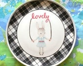 Lovely Skipping Bunny On Gingham Vintage Illustrated Large Plate