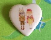 Moonrise Kingdom Bunny Couple Illustrated Porcelain Heart Brooch
