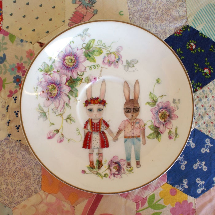 RESERVED Spring Bunnies with Soft Passionfruit Floral Vintage Illustrated Plate