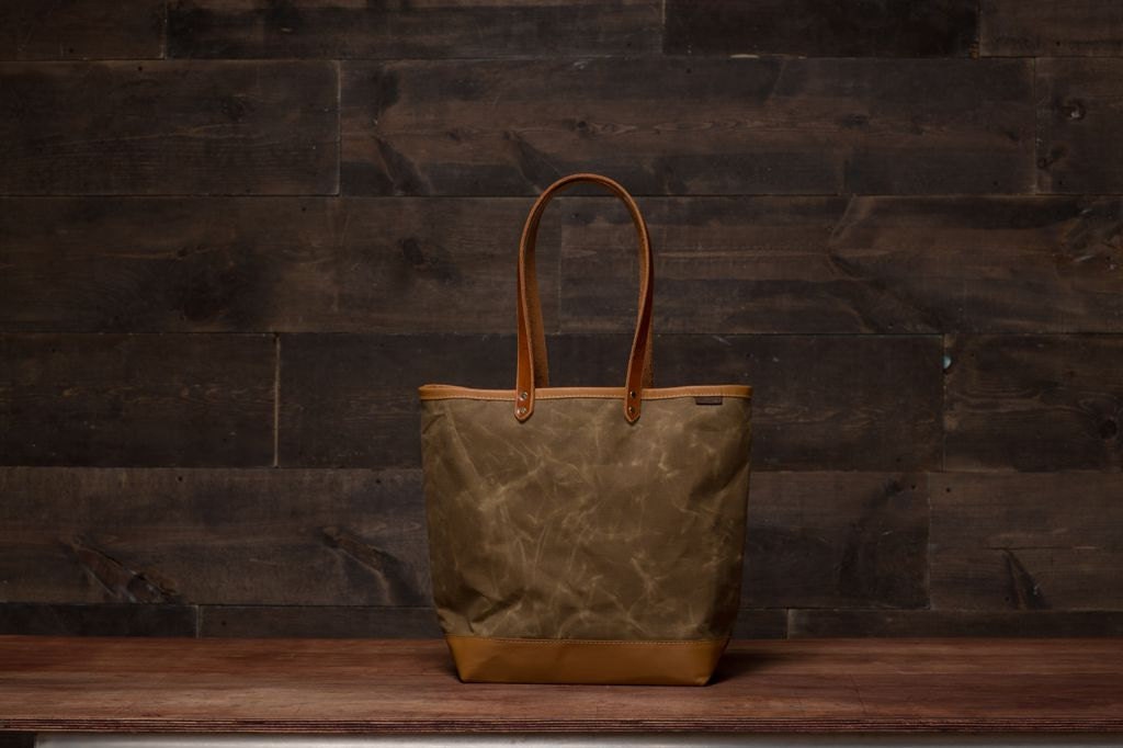 SALE: Waxed Canvas and Leather Tote Bag - Olive/Brown