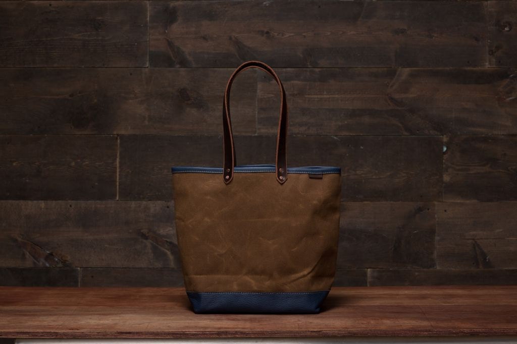 SALE: Waxed Canvas and Leather Tote Bag - Brush Brown/Blue
