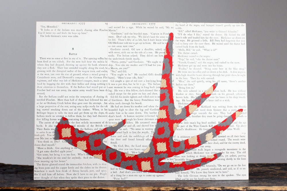 Antler Study No. 1, Red, Grey and Gold Ikat Antler Over Vintage Book Pages, Nature Study, Natural History, Original Collage 9x12