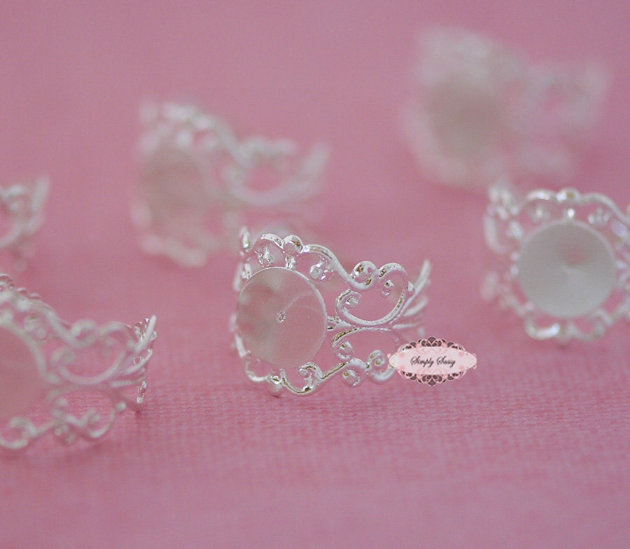10 pcs Adjustable Ring Bases - Silver Ring Bases - Filigree Ring Bases