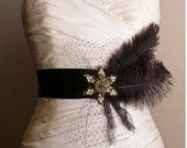 Sybil Vintage Brooch Bridal Sash - Vintage Brooch on 2.25" width Satin Sash with Ostrich Plums