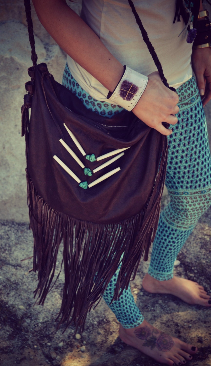 GYPSY Traveler Boho Bag /// Coffee Bean /// Large Recycled Leather Fringe Tote Tribal Bag /// Made to Order