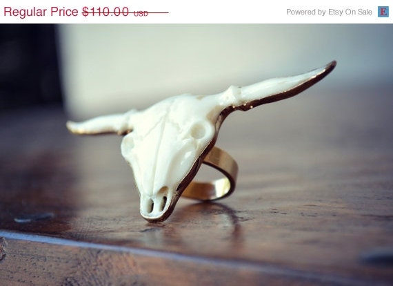 MEMORIAL DAY SALE Gypsy Longhorn Bull Electroformed Ring /// Gold /// White