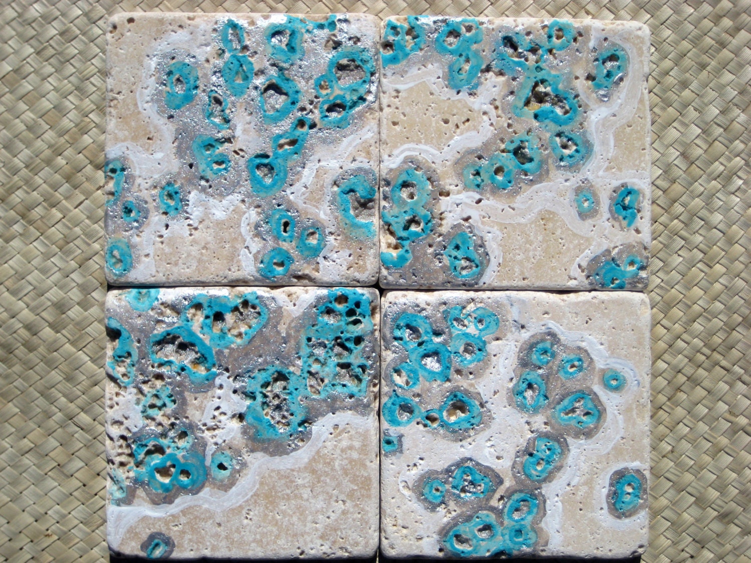 TILE COASTERS modern blue silver-HANDPAINTED set of 4
