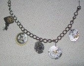 Steampunk Charm Bracelet - Vintage Watch Parts, Gears, Key - Upcycled, Recycled