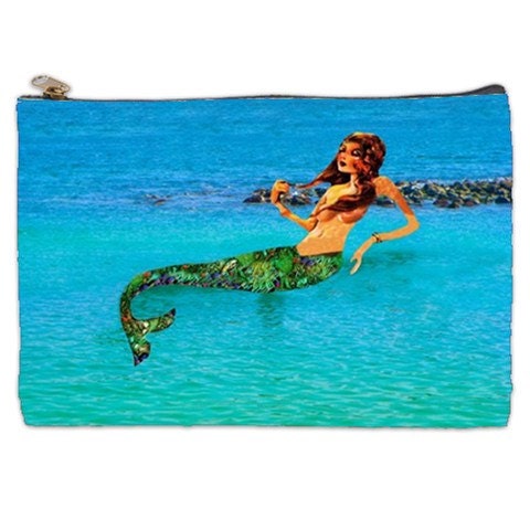 This bag will not ship until June 20th.  Mermaid In The Lagoon Cosmetic Bag, Blue cosmetic makeup bag, Large cosmetic bag