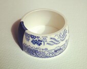 StayGoldMaryRose - Striking vintage blue willow pattern teacup bracelet with deep navy blue satin ribbon band.