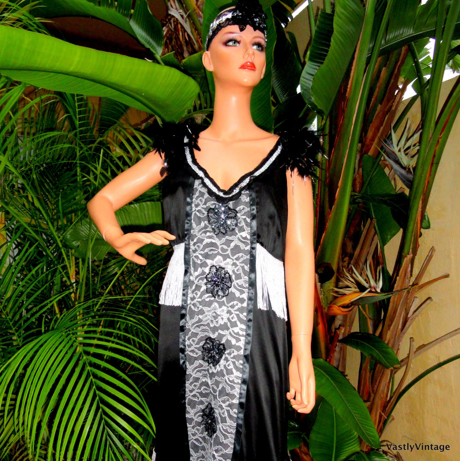 Custom FLAPPER 1920s Great Gatsby Speakeasy Roaring 20s Slip Dress Fringe Trims with Headpiece Included