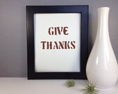 GIVE THANKS Thanksgiving Decor Typography art PRINT Linocut 8x10 in Brown