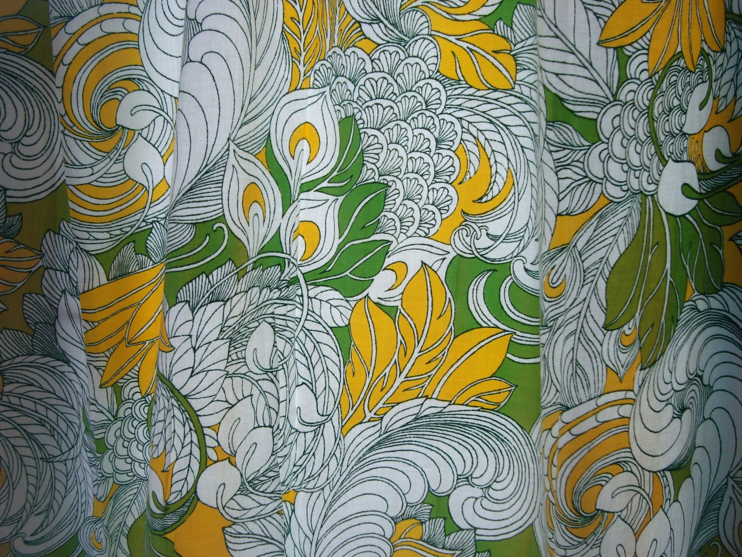 Pair Vintage GROOVY 1960s Print Curtain Panel Drapes Green Yellow Feathers Leaves Plumes