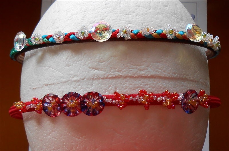 Button Toddler Girl Headbands with Beaded Flowers - Brown Crystal, Red Rainbow - Party Headbands - Girls Hair Accessory