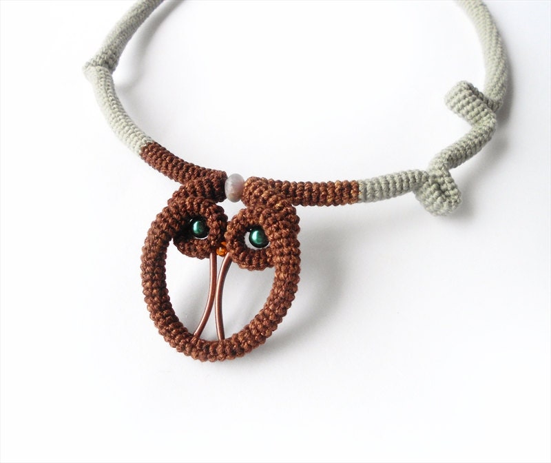 Exotic Necklace, Crochet Statement, Brown Owl - Olive Green Cable Choker