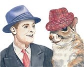 Original Watercolour Painting - Squirrel Watercolor, Portrait of a Man, 1950s, Fedora, 11x14 Painting