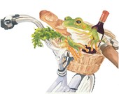 PRINT - Frog Watercolour Print, Bicycle Basket, Bike Painting, 11x14 Art Print, Kitchen Art