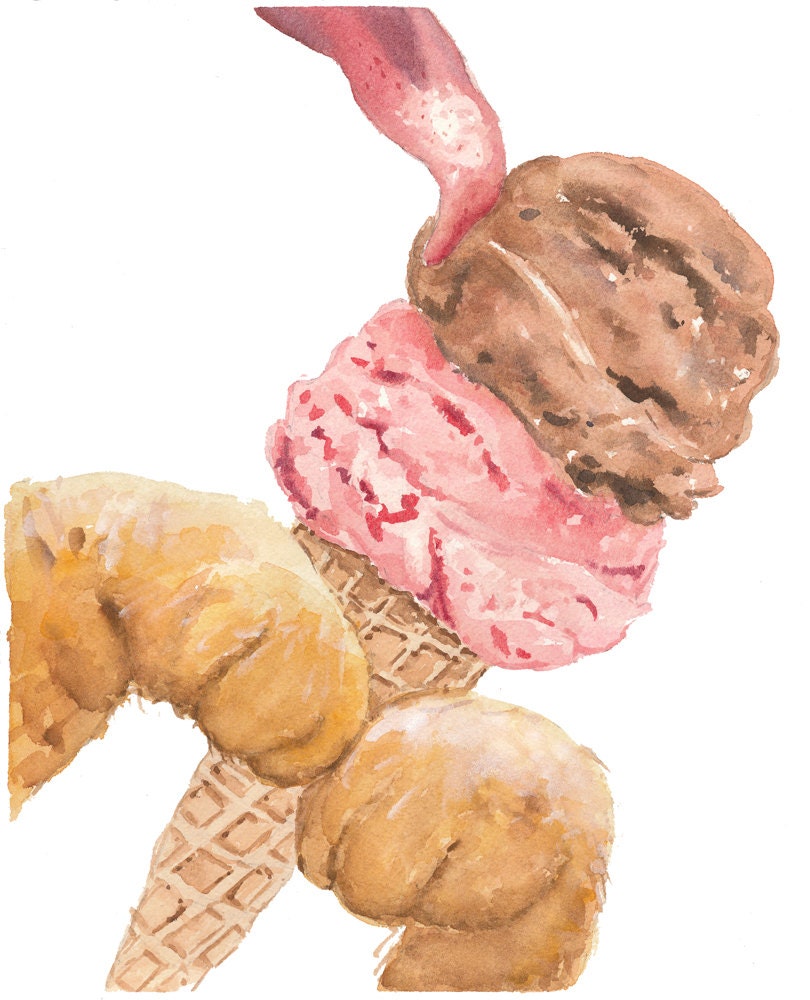 Ice Cream Watercolor Painting, Original Art, Ice Cream Cone, Cat Watercolor, 8x10 Painting, Lick, Kitchen Art