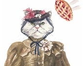 Grumpy Cat Watercolor PRINT Illustration - Food Art, Pie Watercolour, Victorian Cat, 8x10 Print
