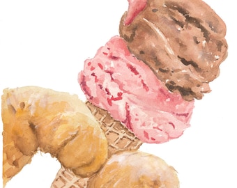 Ice Cream Watercolor Painting, Original Art, Ice Cream Cone, Cat Watercolor, 8x10 Painting, Lick, Kitchen Art