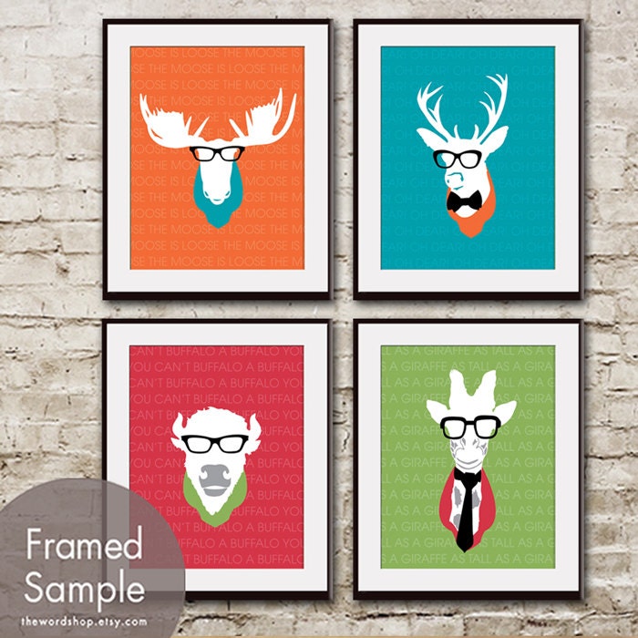 Animal Heads - Set of 4 - 11x14 Art Print (Featured in Assorted Colors) Moose, Deer, Buffalo and Giraffe Heads with Glasses