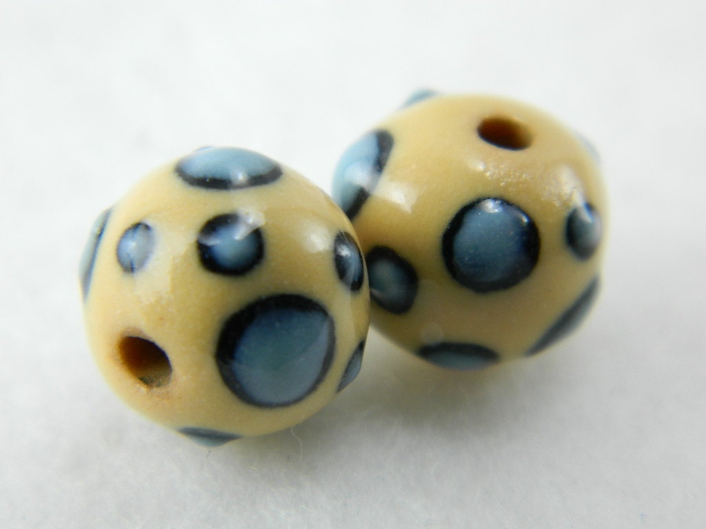 Yellow beige colored porcelain clay beads with blue polka dots, bead set for jewelry designers