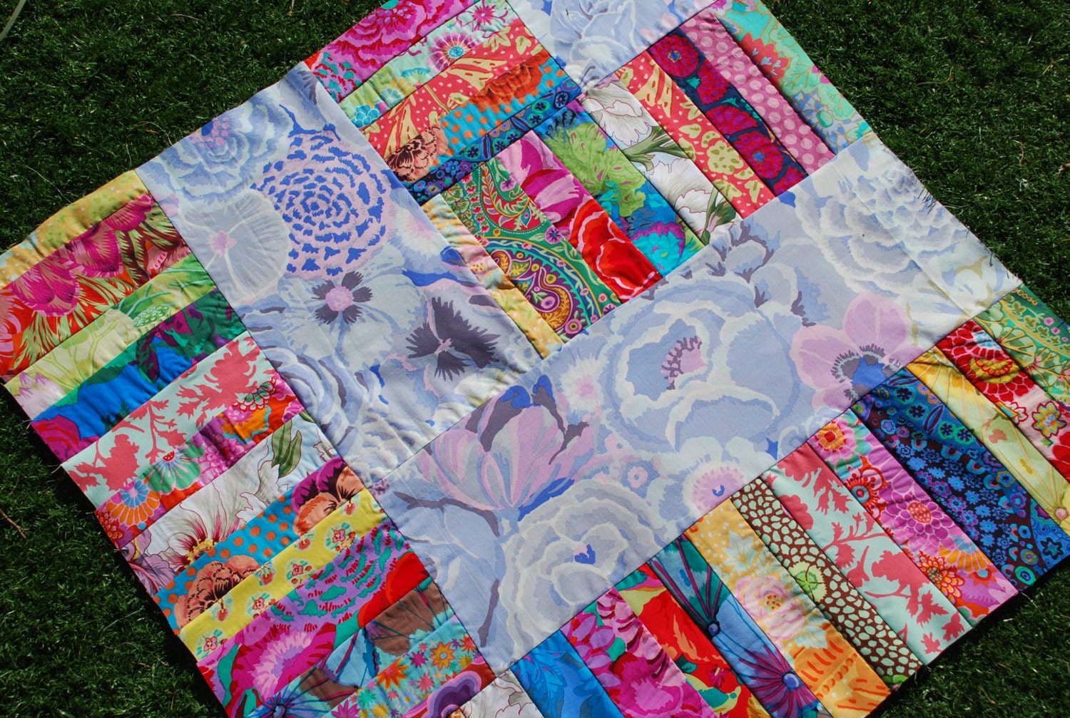 Kaffe Fassett. COUTURE Stroller/ Pram Quilt. Amazing craftsmanship and details. Minky fleece on back. QUILTED.
