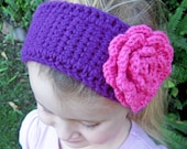 Purple head warmer pink flower girls crochet headband