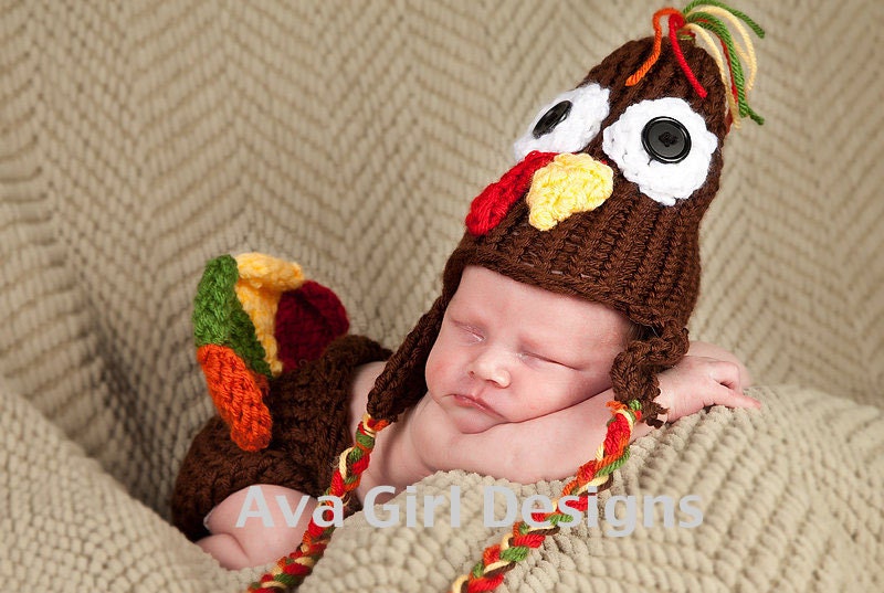 Baby knit hat and diaper cover set Thanksgiving turkey 3 to 6 months boy girl