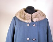 Vintage Fox Fur Collar Coat 1960s Dusty Blue Wool Gabardine Double Breasted Formal Winter Coat
