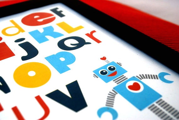 ON SALE Robot Wall Print, Alphabet Robot illustration and Typography Boy Room A72 Il_570xn