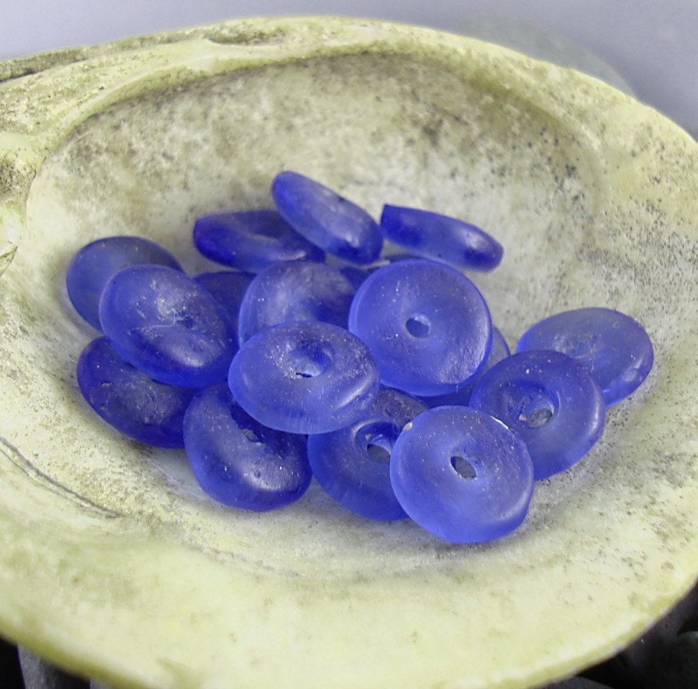 20  African Cobalt Blue Ghana Recycled Glass Disk Beads, 11mm to 12mm