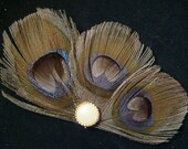 Mocha Brown Peacock Feather Hair Clip with Pearl Accent - peacock wedding bridal hair clip
