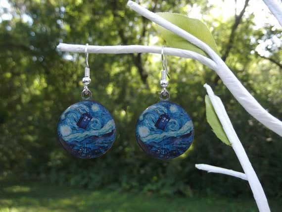 Doctor Who Van Gogh Starry Night TARDIS earrings 1/2 inch, 3/4 inch, or 1 inch black, silver, gold