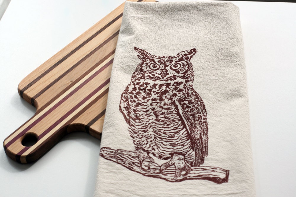 Flour Sack Towel - Natural - Owl - Hand Screen Printed