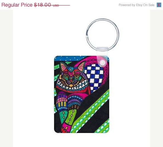 50%  OFF SALE - Folk Art Tabby Cat Keychain - Heather Galler Key Chain Pet Animal Unique Gifts Modern Abstract Art Garden Flowers