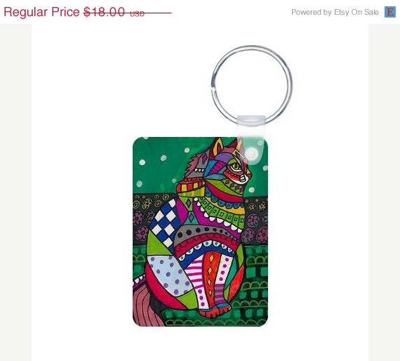 50%  OFF SALE - Folk Art Tabby Cat Keychain - Heather Galler Key Chain Pet Animal Unique Gifts Modern Abstract Art Garden Flowers