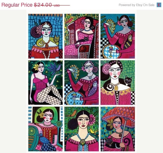 50% OFF SALE - Mexican Folk Art - Set of 9 ACEO Prints - Frida In Pink - Wedding Gifts