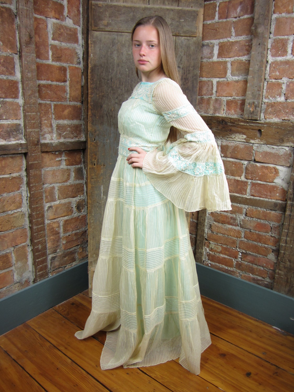 1970s Hippie Dress/ BOHO Baby Dress/ Maxi Dress- Masive Bell Sleeves 550