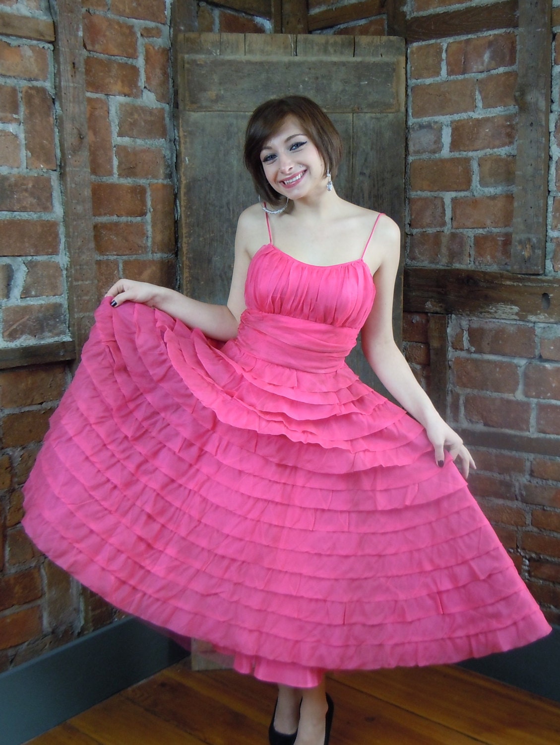 1950s Pink Dress/ Pink Petal Dress/ what a COLOR Prom Party Cocktail Garden Wedding 847