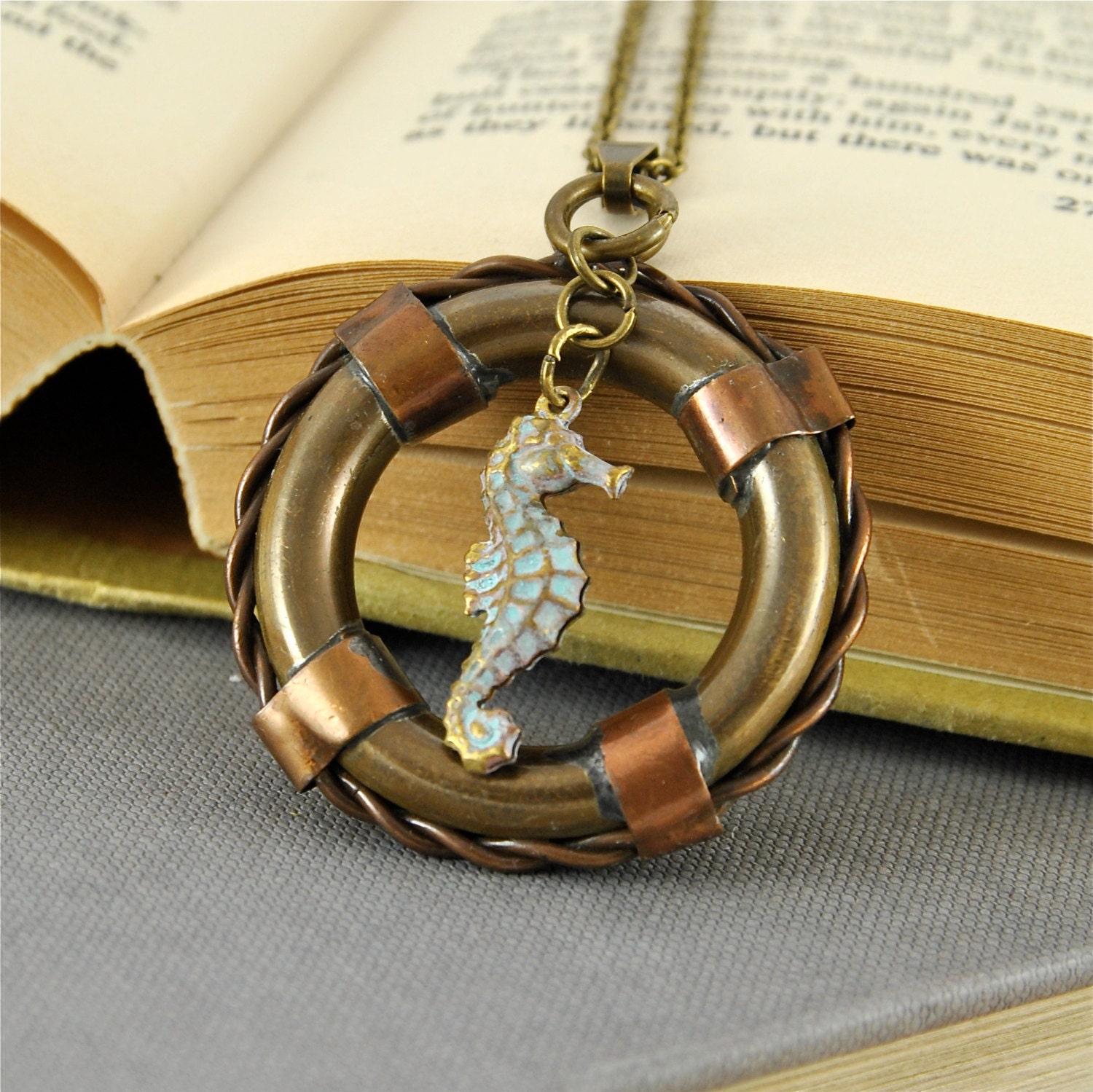 Nautical Life Ring Life Belt Pendant Necklace with Verdigris Seahorse Accent Vintage Style